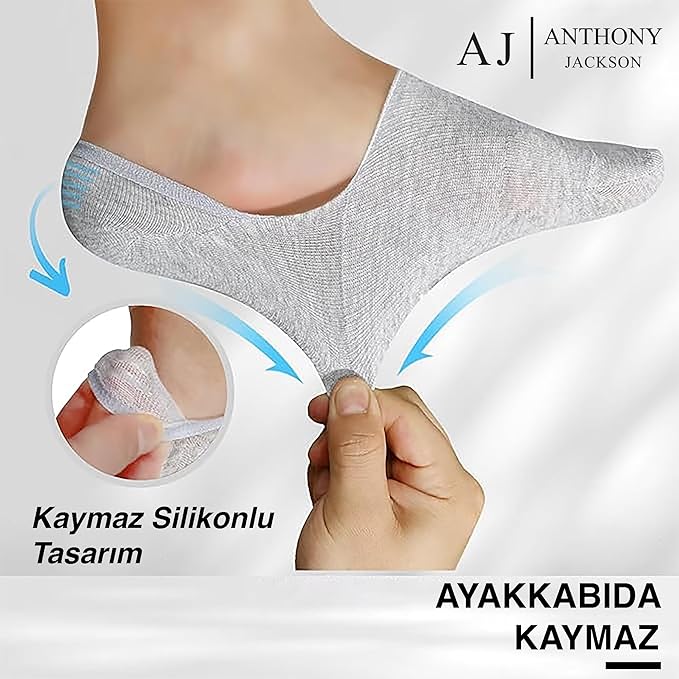 10 Çift Kutulu BAMBU Premium Bay-Bayan Dikişsiz Görünmez Kaymaz Slikonlu Babet Çorap Brook - GRİ 3