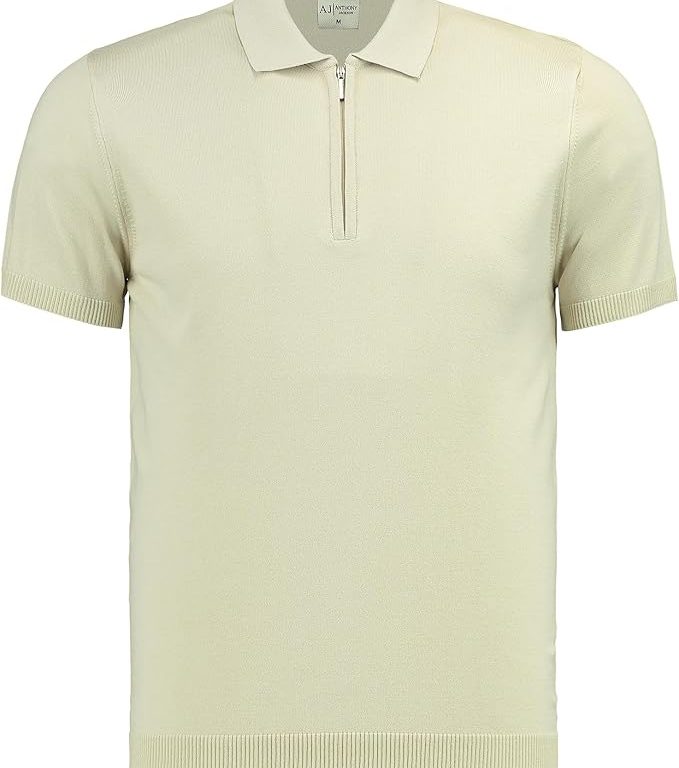 Erkek Fit Fermuarlı Triko Polo Tişört Stefano - AJ-601 - Bej