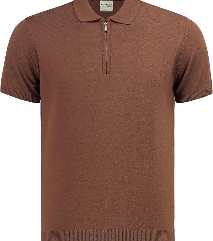 Erkek Fit Fermuarlı Triko Polo Tişört Stefano - AJ-601 - Kahverengi